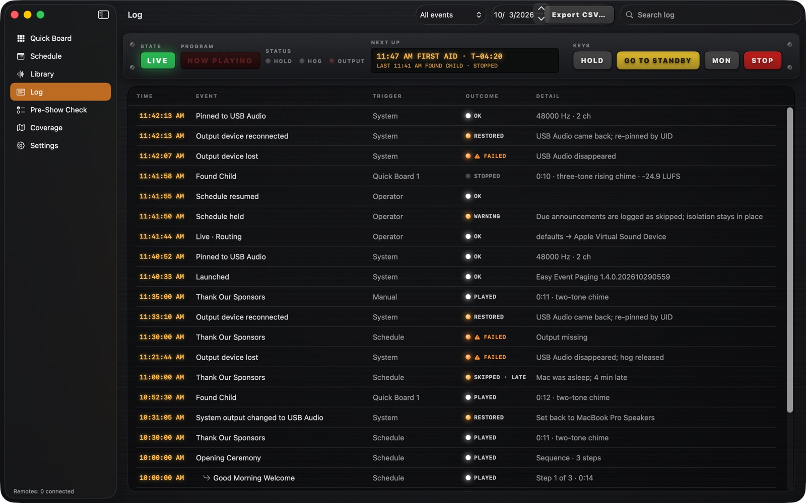 The Log showing what played, when and why