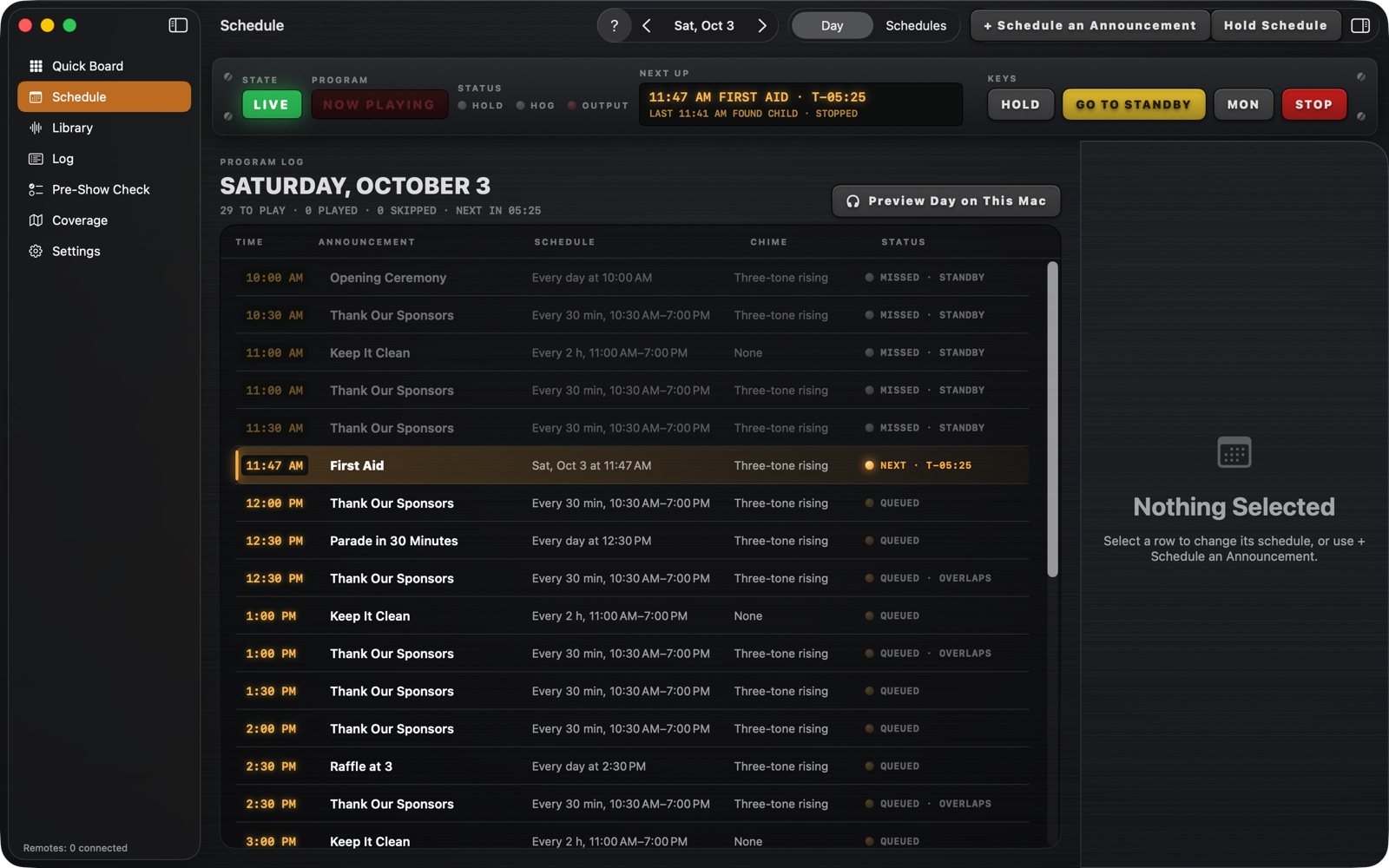 The Schedule's day view with a festival's announcements